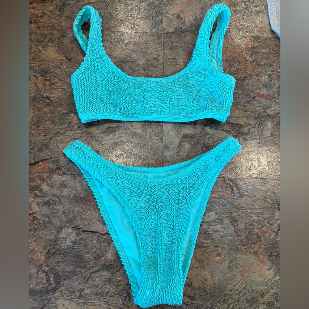 Turquoise Textured Bikini Set - Women Swim